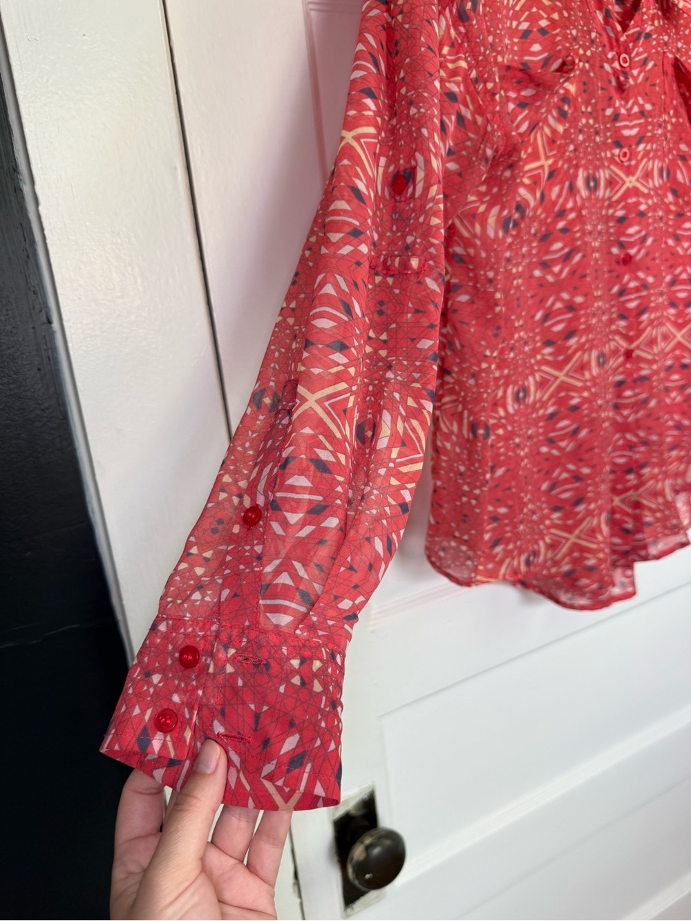 Free People Easy Rider Sheer Chiffon Coral Geometric Print Button-Down Shirt M - Picture 6 of 13